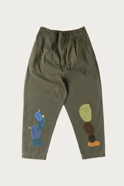 Kapital Chino High Waisted NIME Pants (CACTUS Embroidery) - Khaki< Pants