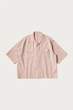 Kapital Cotton Linen Seersucker Check Open-Collar Western BIG Shirt - Red< Shirts