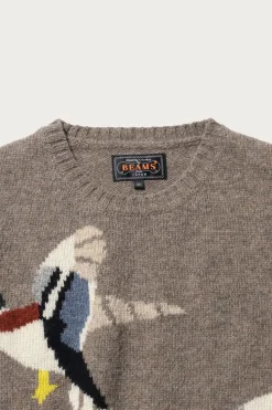 Beams Plus Crew Intarsia Duck Pattern - Beige< Sweaters
