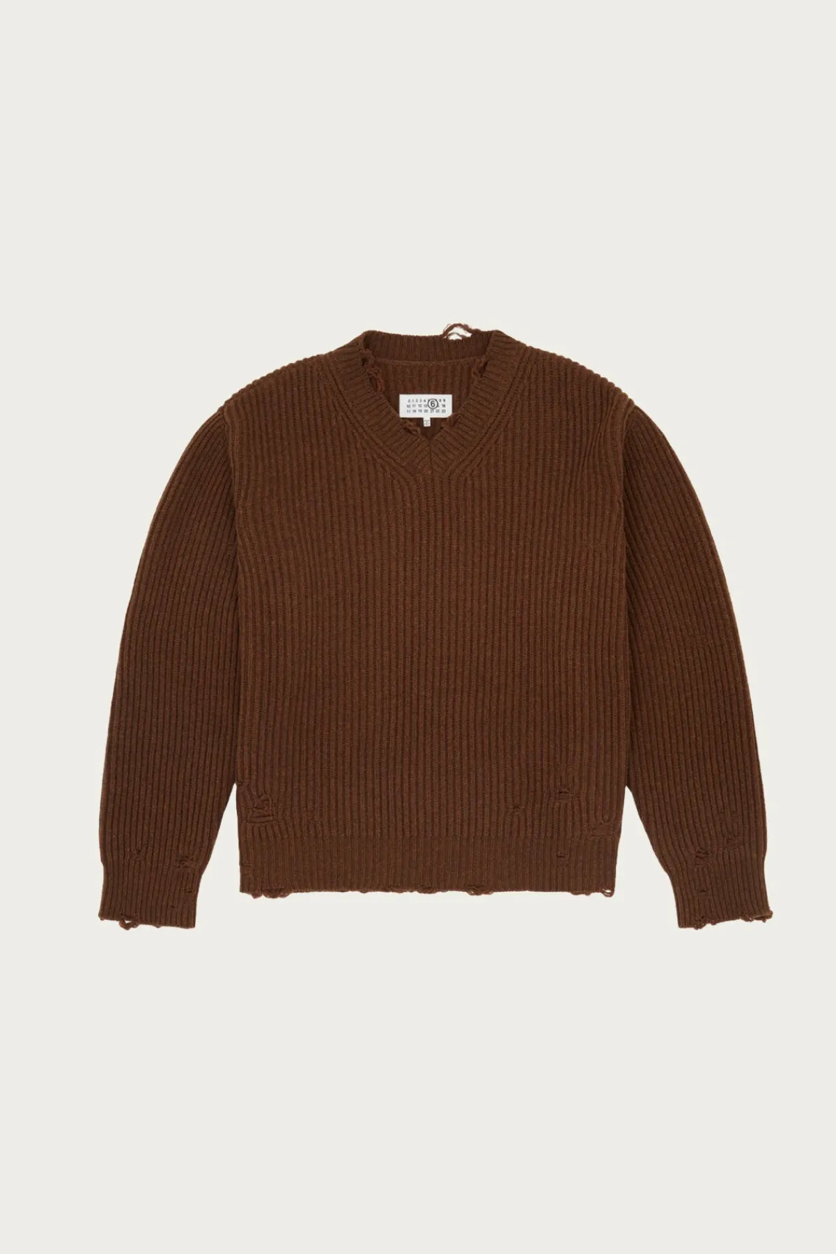 MM6 Maison Margiela Distressed V-Neck Sweater - Brown< Sweaters