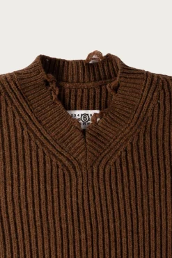 MM6 Maison Margiela Distressed V-Neck Sweater - Brown< Sweaters