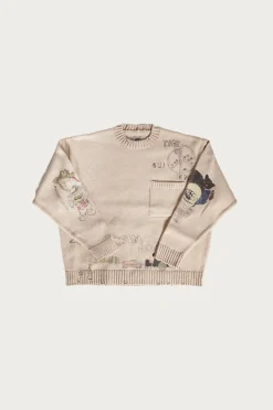 Kapital 5G Cotton Knit Crew Sweater (Memorial Paint Model) - Natural< Sweaters