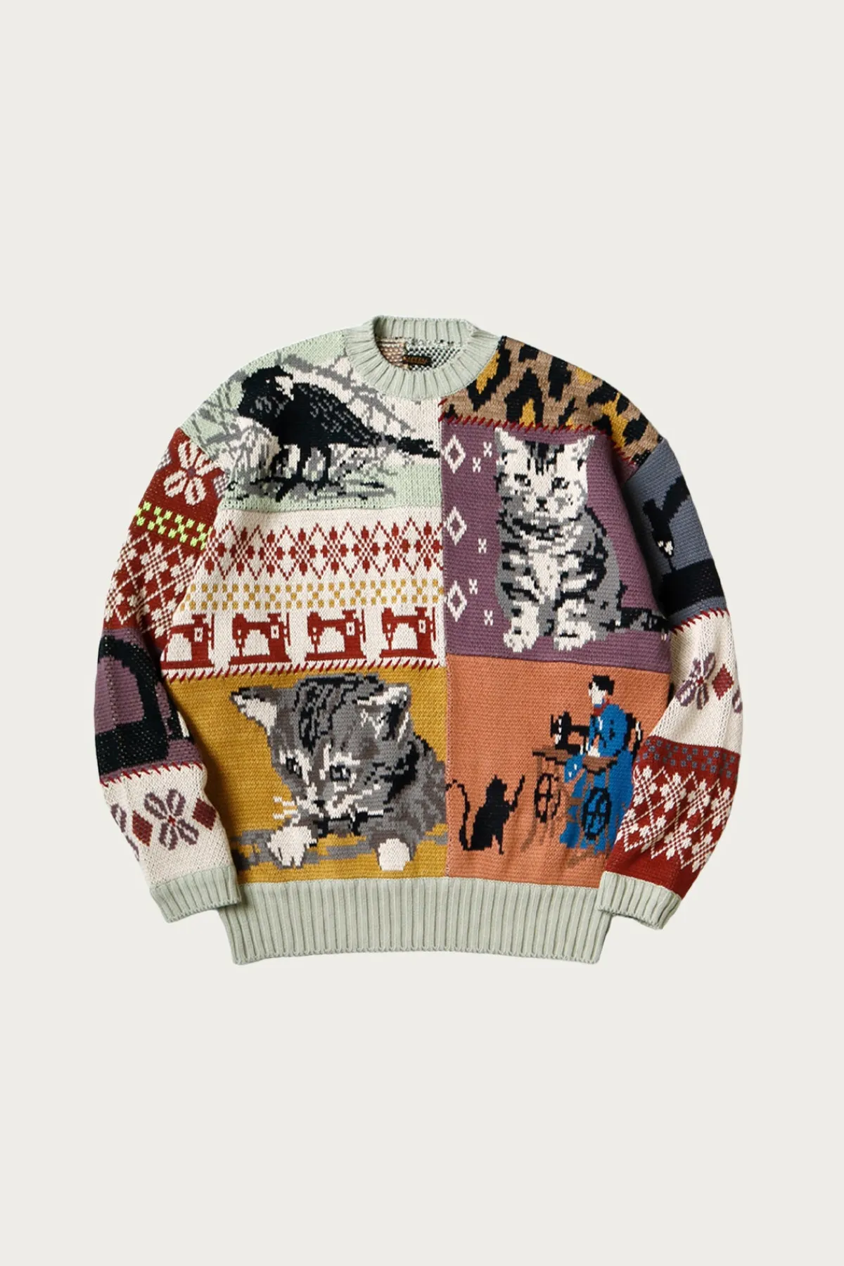 Kapital 5G Cotton Knit Patchwork BIG Crew Sweater(Cat&Raven) - Mint< Sweaters
