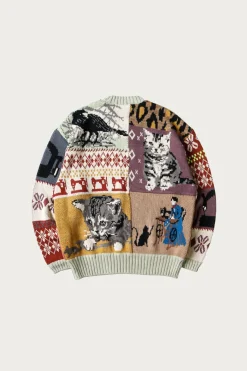 Kapital 5G Cotton Knit Patchwork BIG Crew Sweater(Cat&Raven) - Mint< Sweaters