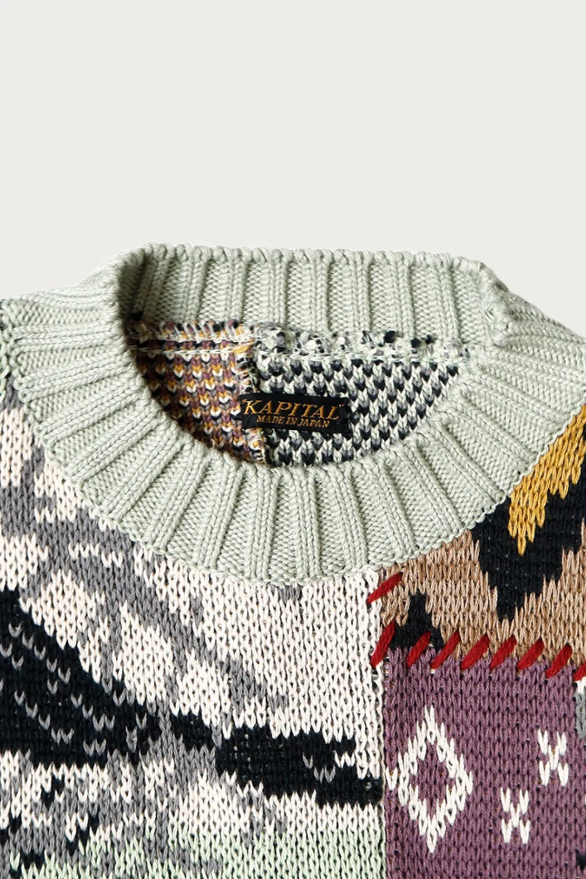 Kapital 5G Cotton Knit Patchwork BIG Crew Sweater(Cat&Raven) - Mint< Sweaters