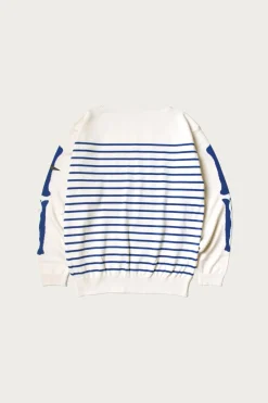 Kapital 12G Panel Stripe Knit Boat-Neck Sweater (BONE Sleeve) - Navy Blue< Sweaters