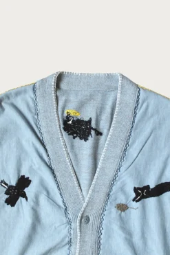 Kapital Knit x Chambray Cardigan (Raven & Cat Embroidery) - Sax< Sweaters