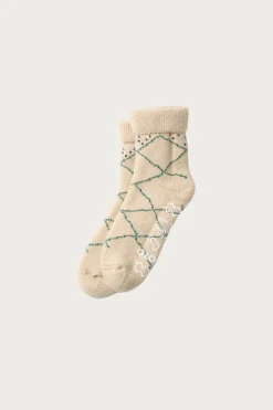 Rototo Merino Lambs Wool Room Socks "Beni Ouarain" - Ecru/Green< Accessories