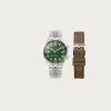 Kuoe Watches Sombrero 90-011 - Green Linen Textured Dial/Stainless Bracelet + Extra Leather Strap< Accessories