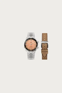 Kuoe Watches Sombrero 90-011 - Salmon Pink Linen Textured Dial/Stainless Bracelet + Extra Leather Strap< Accessories